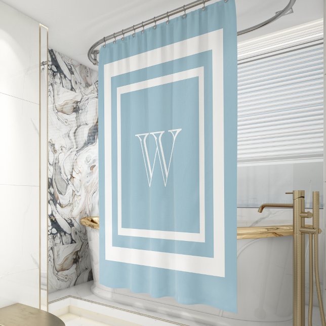 Rideaux De Douche Monogramme encadré bleu aigue-marine blanc (Créateur téléchargé)