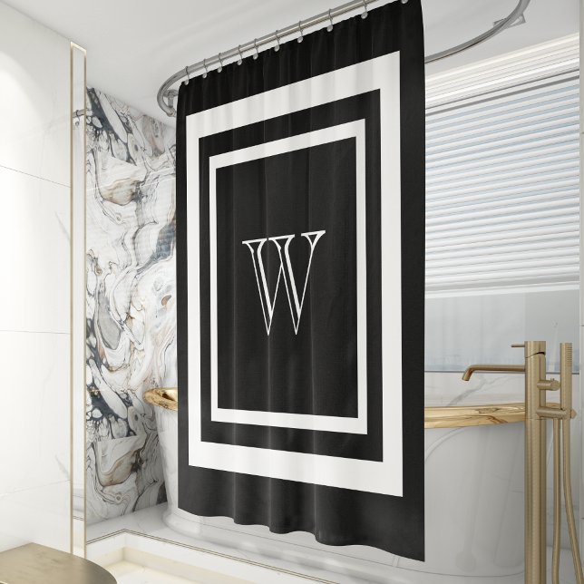 Rideaux De Douche Monogramme encadré noir et blanc moderne (Créateur téléchargé)