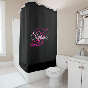 Rideaux De Douche Monogramme fantaisie noir blanc et rose chaud
