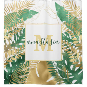 Rideaux De Douche Monogramme Feuille Tropical Vert Or Moderne