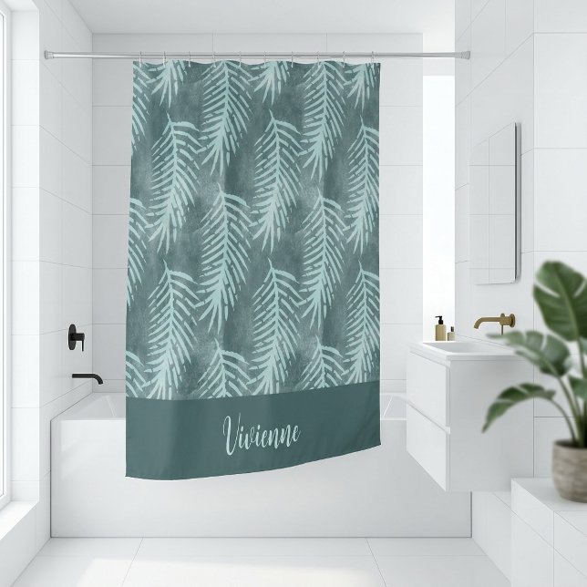 Rideaux De Douche Monogramme feuille tropicale aquarelle sarcelle Bo (Teal Boho Watercolor Tropical Leaf Monogram Shower Curtain)