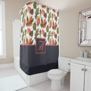 Rideaux De Douche Monogramme Feuilles d'automne Bleu Orange Décor d'