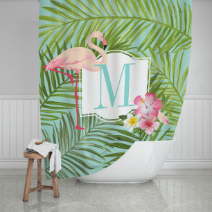 Rideaux De Douche Monogramme Flamant rose tropical et fleurs d'Hibis