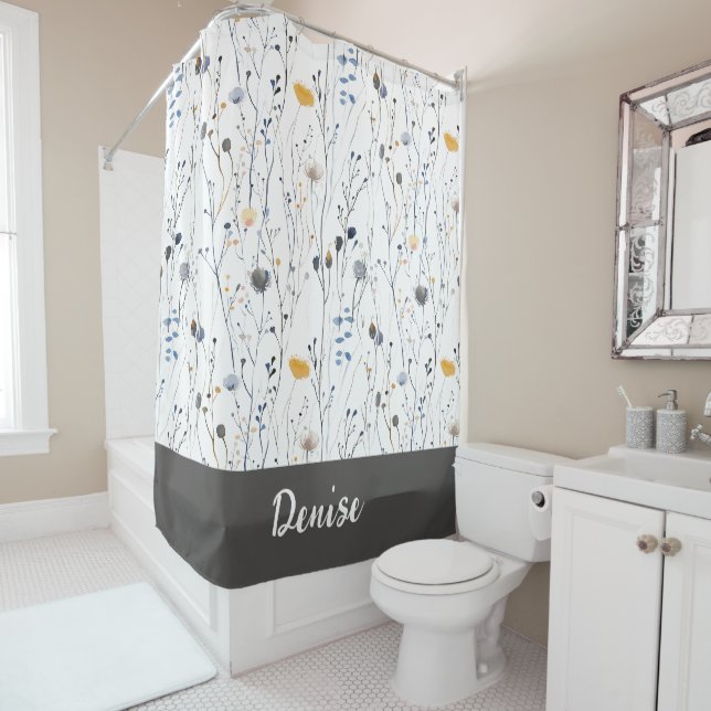 Rideaux De Douche Monogramme Fleur Sauvage Aquarelle Bleu Gris (En situation)