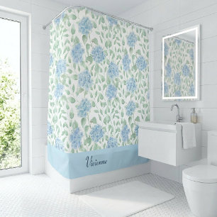 Rideaux De Douche Monogramme Fleur Sauvage Aquarelle Bleu Vert