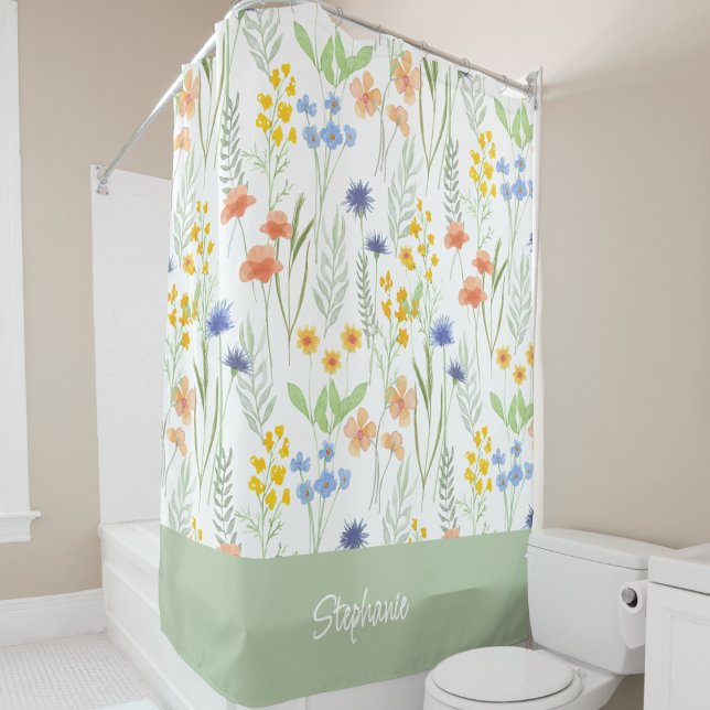 Rideaux De Douche Monogramme Fleur Sauvage Aquarelle Orange Jaune Bl (Créateur téléchargé)