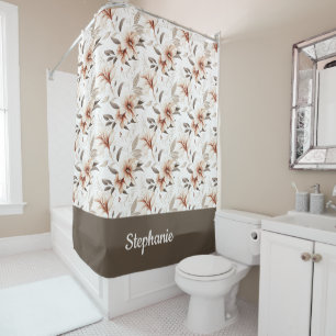 Rideaux De Douche Monogramme Fleur Sauvage Aquarelle Rose Marron