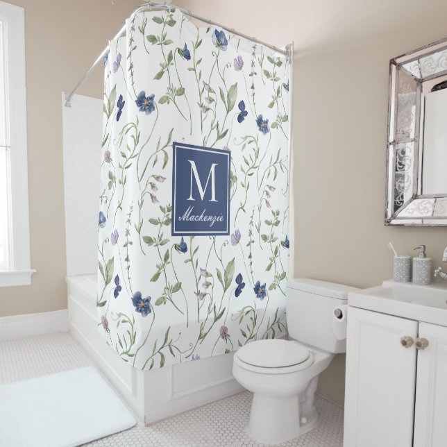 Rideaux De Douche Monogramme Fleur Sauvage Aquarelle Violet Bleu Ser (En situation)