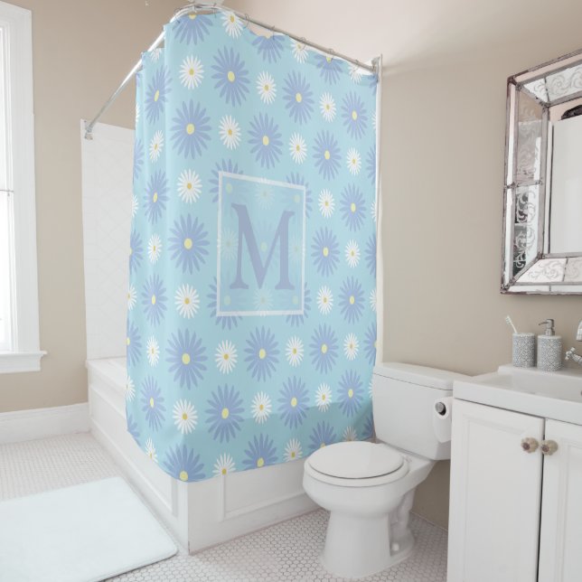 Rideaux De Douche Monogramme Fleurs Bleues Et Blanches  (En situation)