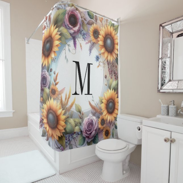 Rideaux De Douche Monogramme Fleurs de chute et fleurs de soleil aqu (En situation)