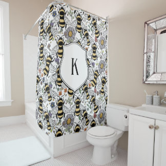 Rideaux De Douche Monogramme floral abeille à bourdons