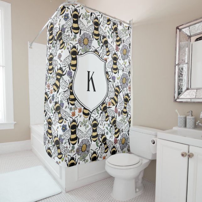 Rideaux De Douche Monogramme floral abeille à bourdons  (En situation)