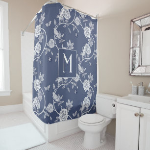 Rideaux De Douche Monogramme floral de la Chinoiserie bleue