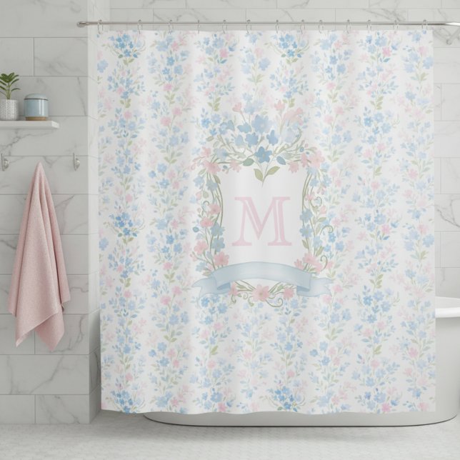 Rideaux De Douche Monogramme Floral Élégant (elegant vintage grandmillennial pastel pink and blue flowers shower curtain with custom initial)