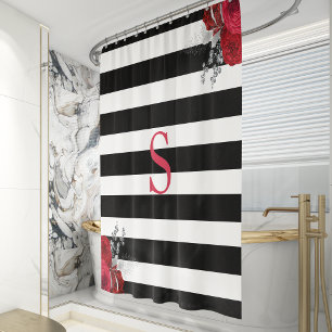 Rideaux De Douche Monogramme floral noir blanc rayé rouge argent