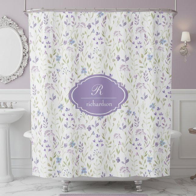 Rideaux De Douche Monogramme floral personnalisé violet (purple wildflower floral meadow garden shower curtain with custom monogram name and initial)