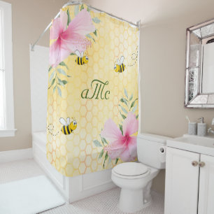 Rideaux De Douche monogramme floral rose jaune nid d'abeille