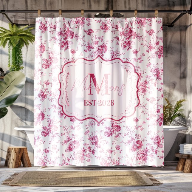 Rideaux De Douche Monogramme floral toile rose (Créateur téléchargé)