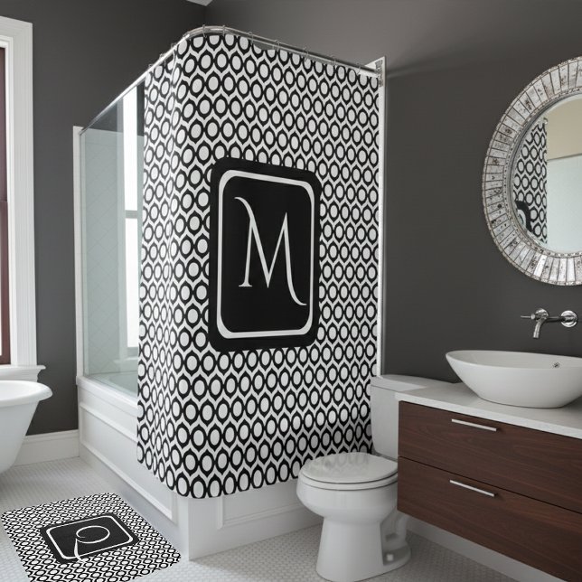 Rideaux De Douche Monogramme géométrique moderne noir blanc (Créateur téléchargé)