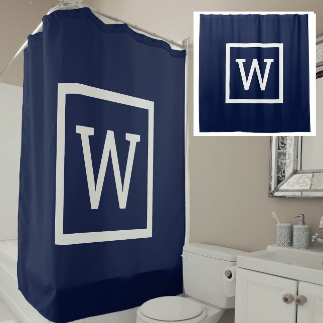 Rideaux De Douche Monogramme graphique marine à bordure prépa (Navy Blue Preppy Graphic Border Monogram Shower Curtain)