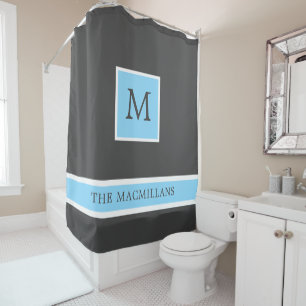 Rideaux De Douche Monogramme gris et bleu clair avec douche à rayur