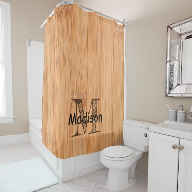Rideaux De Douche Monogramme imprimé bois bambou marron clair Cool  (En situation)