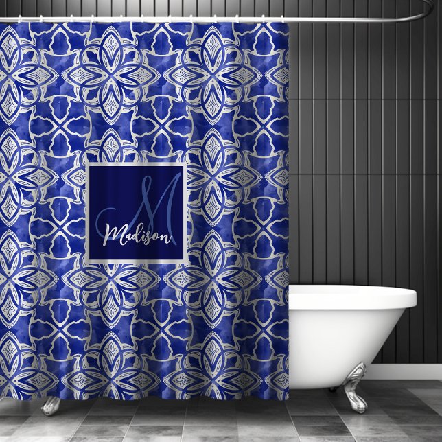 Rideaux De Douche Monogramme Initial Bleu Gris Géométrique Élégant (Créateur téléchargé)