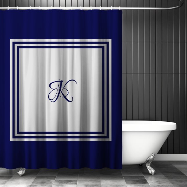 Rideaux De Douche Monogramme Initial Carré Gris Bleu Orné (Créateur téléchargé)