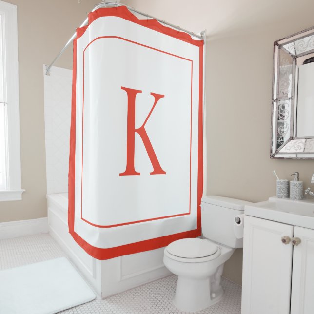 Rideaux De Douche monogramme initial moderne blanc et orange (En situation)