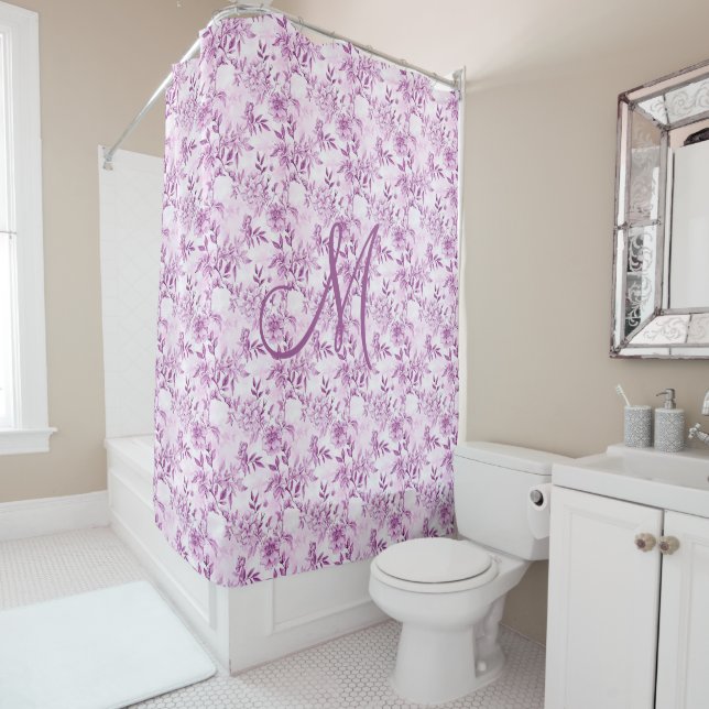 Rideaux De Douche Monogramme Initial Violet Floral Aquarelle Élégant (En situation)