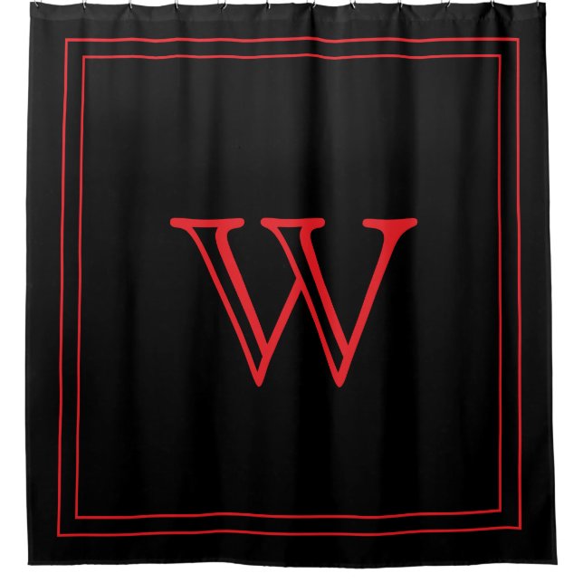Rideaux De Douche Monogramme initiale élégant noir et rouge (Devant)