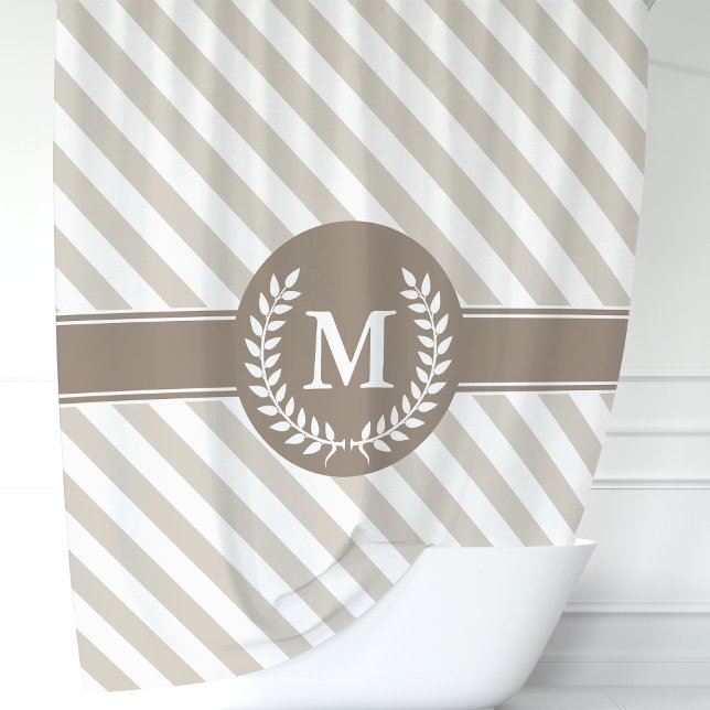 Rideaux De Douche Monogramme Laurier rayé beige et mocha (Créateur téléchargé)