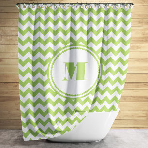 Rideaux De Douche Monogramme Lime Vert et blanc Motif Chevron