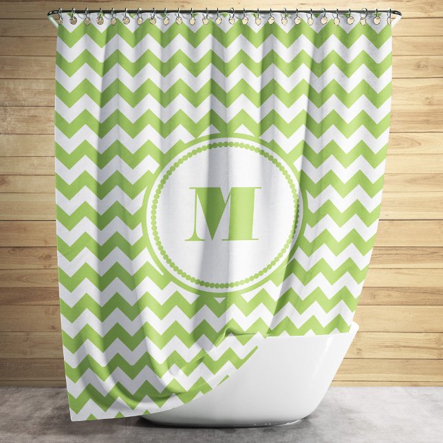 Rideaux De Douche Monogramme Lime Vert et blanc Motif Chevron (Modern Monogram Green Chevron Stripes Shower Curtain)