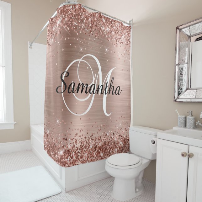 Rideaux De Douche Monogramme M en écriture classique rose pailletée  (En situation)