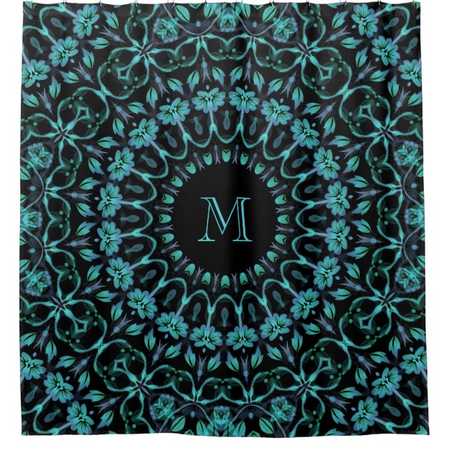 Rideaux De Douche Monogramme Mandala Floral Sarcelle (Devant)