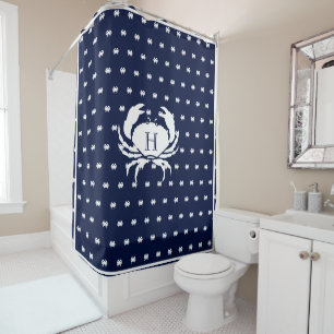 Rideaux De Douche Monogramme Marine Bleu Crabe Blanc Nautique