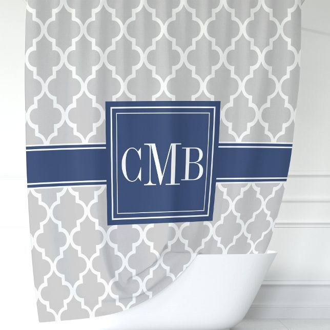 Rideaux De Douche Monogramme Marocain Gris et Bleu Nuit (Créateur téléchargé)