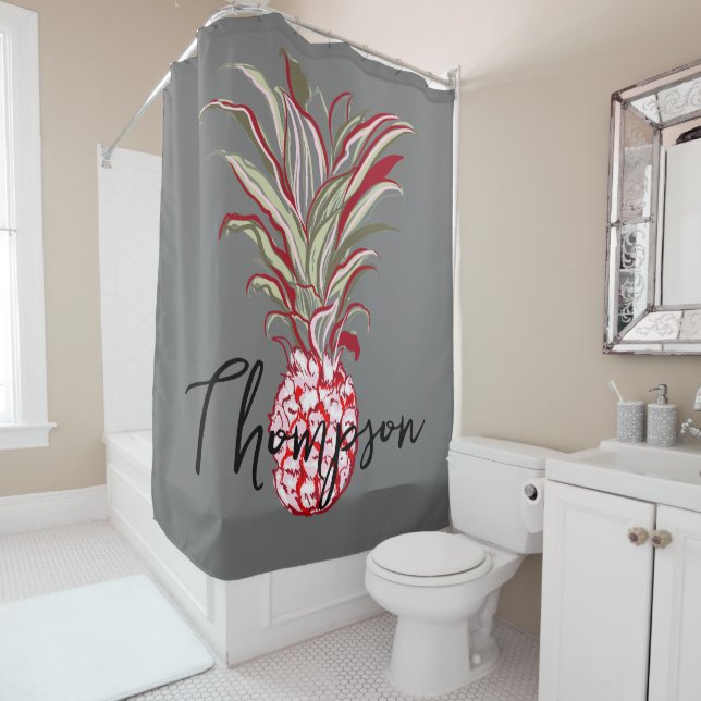 Rideaux De Douche Monogramme mignon ananas moderne script gris (En situation)
