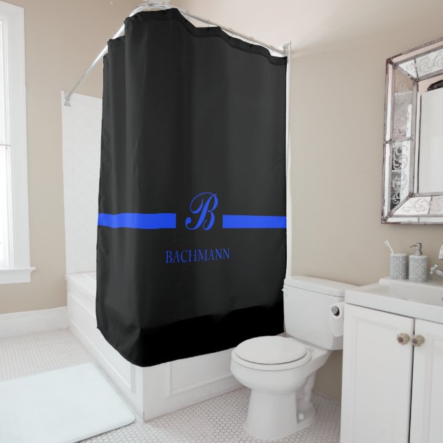 Rideaux De Douche Monogramme mince de coutume de Blue Line (En situation)