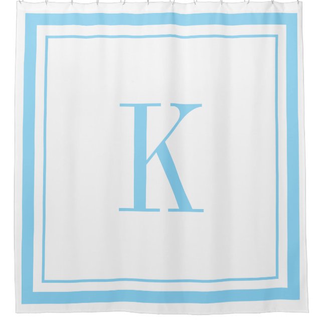 Rideaux De Douche Monogramme moderne blanc et bleu ciel  (Devant)