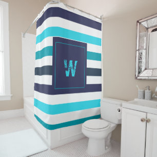 Rideaux De Douche Monogramme moderne Bleu Turquoise rayures