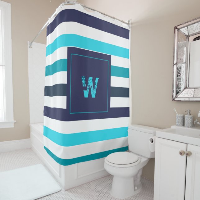 Rideaux De Douche Monogramme moderne Bleu Turquoise rayures (En situation)