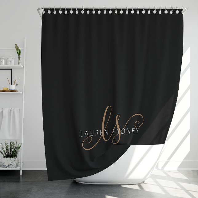 Rideaux De Douche Monogramme moderne écriture féminine noir et or (Créateur téléchargé)