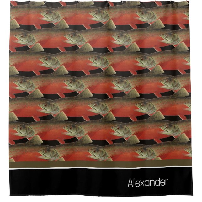 Rideaux De Douche Monogramme moderne Poisson Saumon Design Noir Blan (Devant)