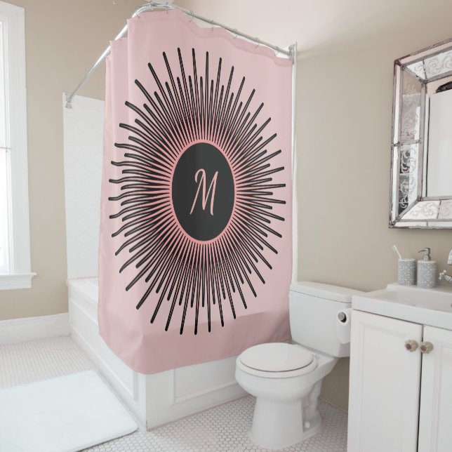 Rideaux De Douche Monogramme moderne rose noir (En situation)