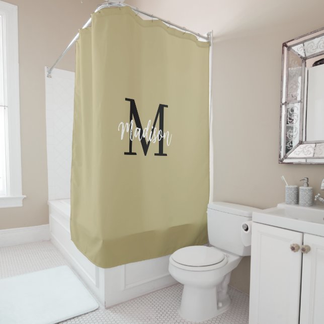 Rideaux De Douche Monogramme Moderne Tan Sand et Noir (En situation)
