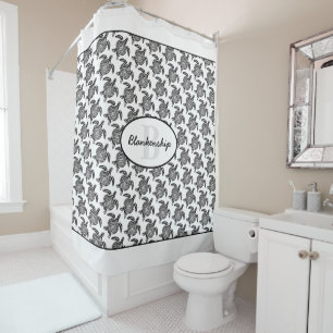 Rideaux De Douche Monogramme Motif de tortue tribale noire sur blanc