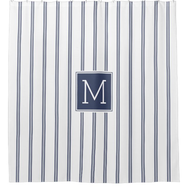 Rideaux De Douche Monogramme Motif moderne de bandes bleu marine (Devant)