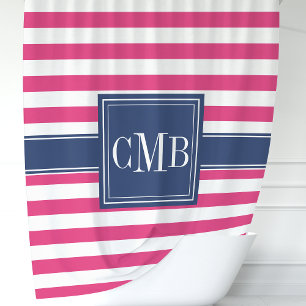 Rideaux De Douche Monogramme nautique rayures rose et marine